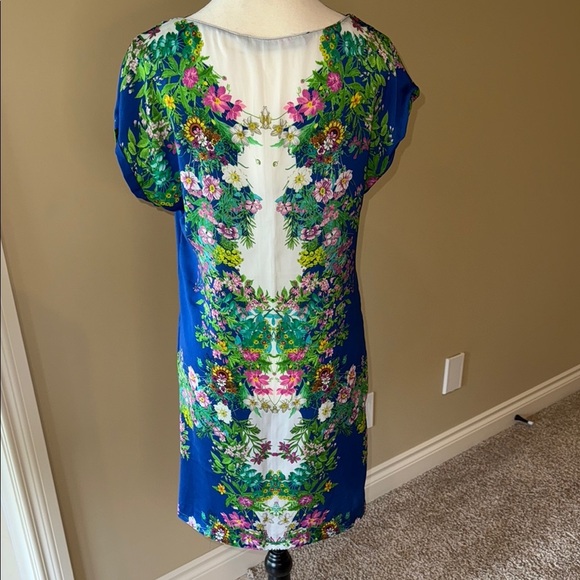 Zara Woman Silk Dress Blue Green Mini Cap Sleeves Sexy Lightweight Floral Sz XS - Picture 3 of 8